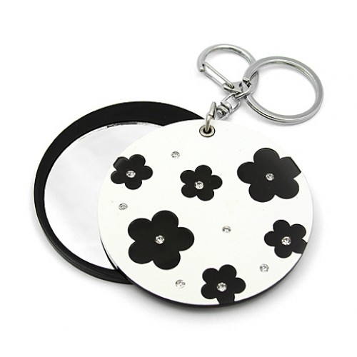 Key Chain - Flower Print Sliding Cover w/ Round Shape Mirror - KC-GK1308